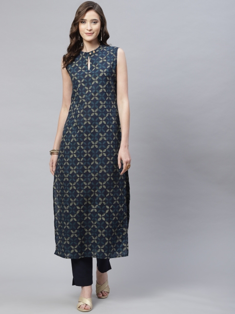 

mokshi Women Blue Keyhole Neck Printed Cotton Straight Kurta