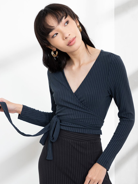 

ORIGIN BY ZALORA Green Striped Wrap Crop Top, Blue