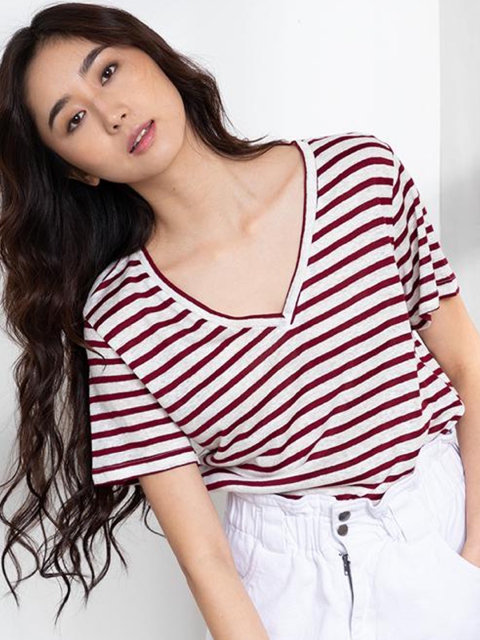 

ORIGIN BY ZALORA Women Brown & Wwhite Striped Linen Striped V Top