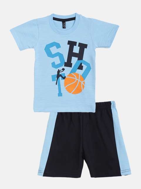 

GAME BEGINS Boys Blue & Black Cotton Basketball Print T-shirt with Shorts