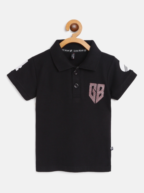 

GAME BEGINS Boys Black Brand Logo Print Pure Cotton Polo Collar T-shirt