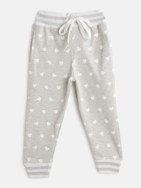 

GAME BEGINS Girls Grey Melange & White Cotton Heart Print Joggers