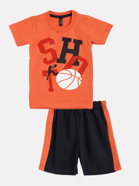 

GAME BEGINS Boys Coral & Black Pure Cotton Printed T-shirt with Shorts