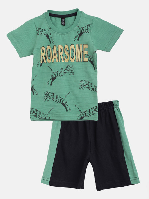 

GAME BEGINS Boys Green & Black Pure Cotton Tiger Print T-shirt with Shorts
