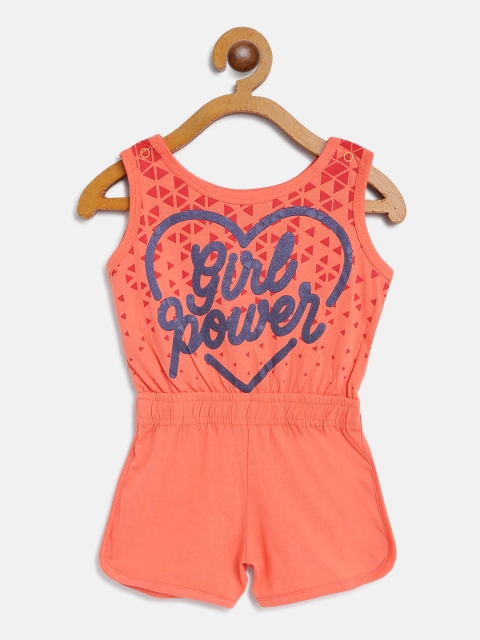 

GAME BEGINS Girls Peach Printed Pure Cotton Romper