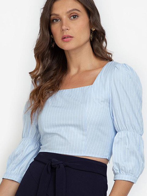 

ZALORA WORK Grey & Off White Striped Square Neck Puff Sleeve Crop Top