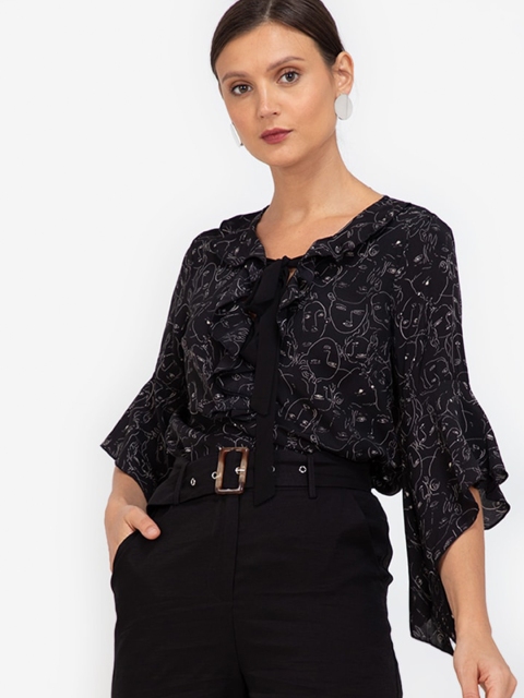 

ZALORA WORK Black & White Print Tie-Up Neck Top
