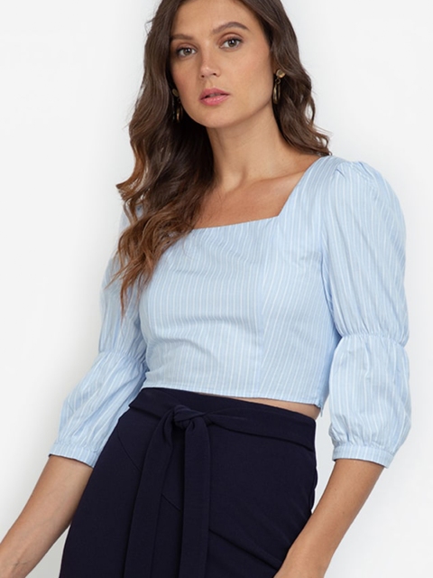 

ZALORA WORK Blue & White Striped Crop Pintuck Top