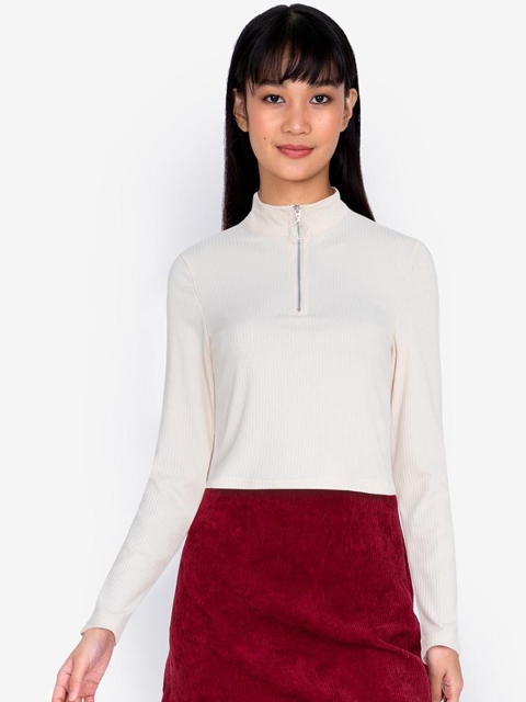 

ZALORA BASICS White Self Design Zip Neck Long Sleeve Rib Top