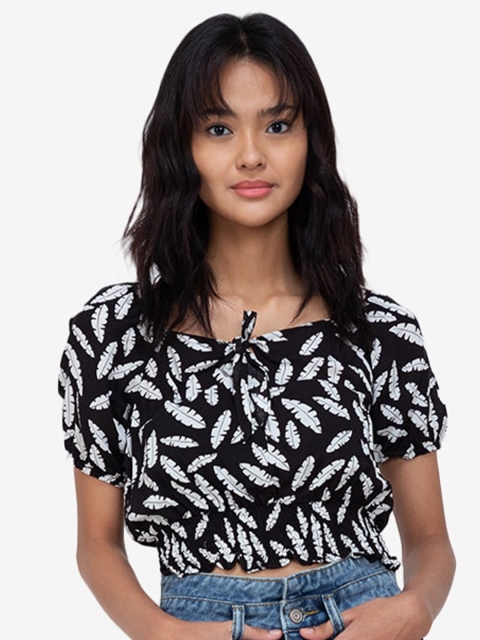 

ZALORA BASICS Black & White Floral Print Tie-Up Neck Blouson Top