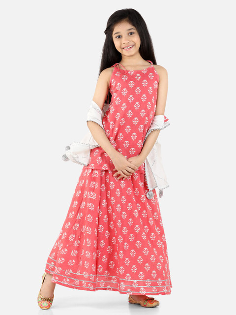 

Fairies Forever Girls Red & White Printed Ready to Wear Lehenga & Blouse With Dupatta