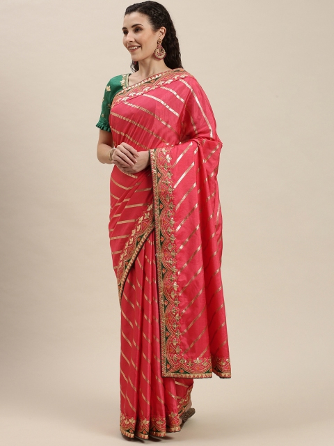 

Amrutam Fab Pink & Gold-Toned Striped Gotta Patti Silk Cotton Leheriya Saree