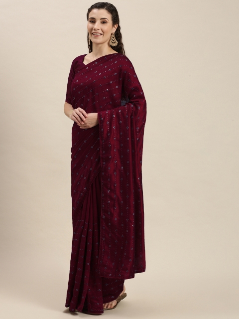 

Amrutam Fab Maroon & Silver-Toned Sequinned Silk Cotton Saree