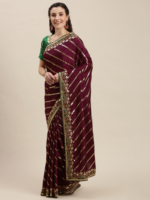 

Amrutam Fab Purple & Gold-Toned Striped Gotta Patti Silk Cotton Leheriya Saree