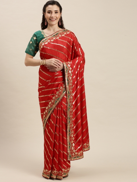 

Amrutam Fab Red & Green Ethnic Motifs Gotta Patti Silk Cotton Leheriya Saree