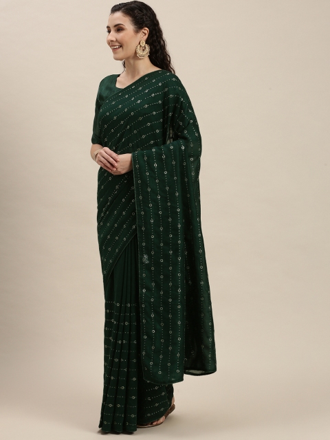 

Amrutam Fab Green & Silver-Toned Sequin Embroirdered Silk Cotton Saree