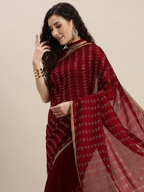 

Amrutam Fab Maroon & Silver-Toned Beads and Stones Embroidered Art Silk Saree