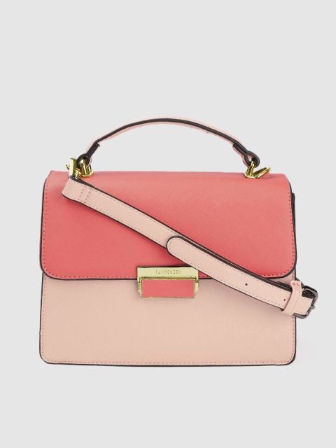 

Van Heusen Coral Pink & Peach-Coloured Colourblocked Satchel