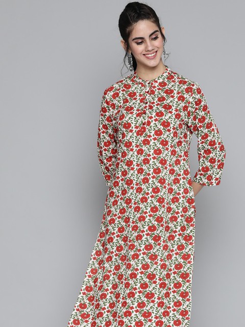 

HERE&NOW Women White & Red Floral Printed Kurta
