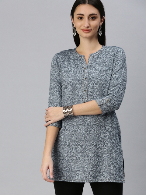 

ETIQUETTE Women Navy Blue & White Paisley Woven Design Kurta