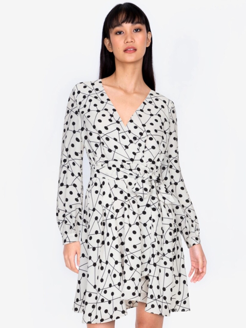 

ZALORA BASICS Women White Polka Dot Printed Belted Detail Long Sleeve Wrap Dress