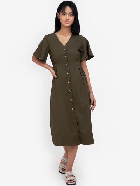 

ZALORA BASICS Women Green Solid Button Through A-Line Midi Dress