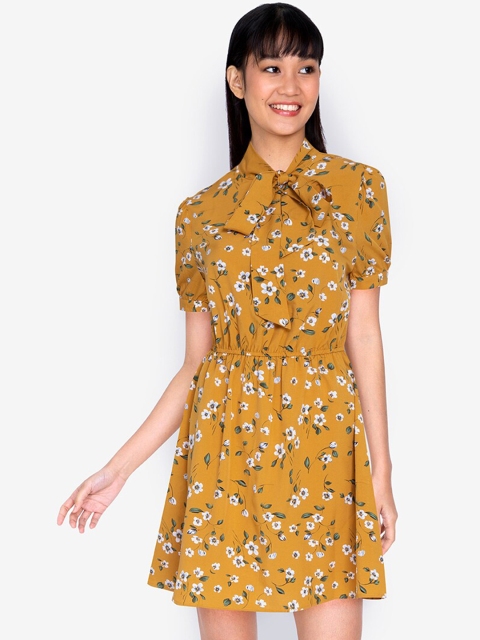 

ZALORA BASICS Yellow & White Floral Tie-Up Neck A-Line Dress