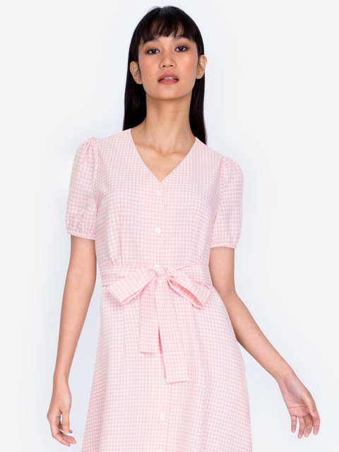 

ZALORA BASICS Peach-Coloured & White Puff Sleeve Gingham Midi Dress