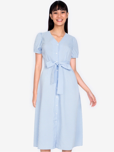 

ZALORA BASICS Blue & White checked Puff Sleeve Empire Dress