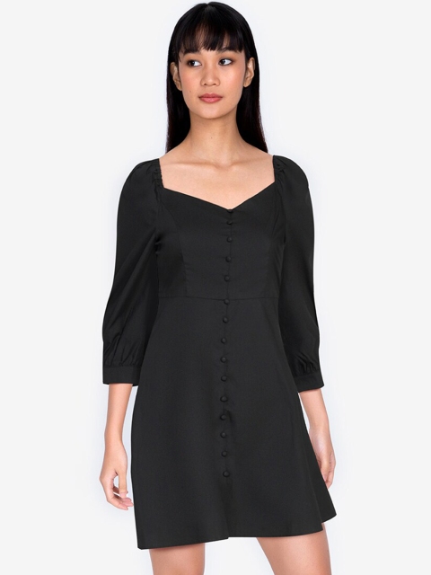 

ZALORA BASICS Women Cotton Black Fit & Flare Bishop Sleeve Dress