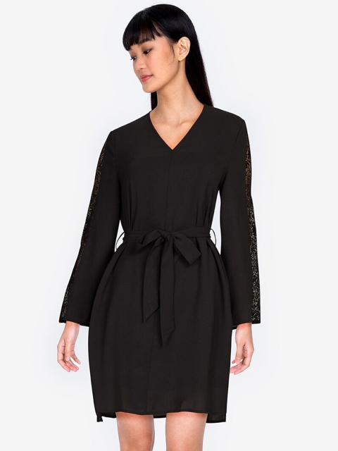 

ZALORA BASICS Black Belted With Sleeves Embellished Fit & Flared Dress
