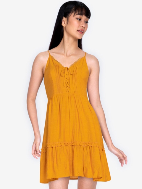 

ZALORA BASICS Women Yellow Solid A-Line Ruffled Smocked Detail Mini Dress