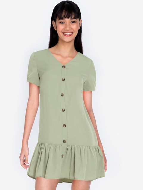 

ZALORA BASICS Women Green Short Sleeves Fluted Hem Button Down A-Line Mini Dress