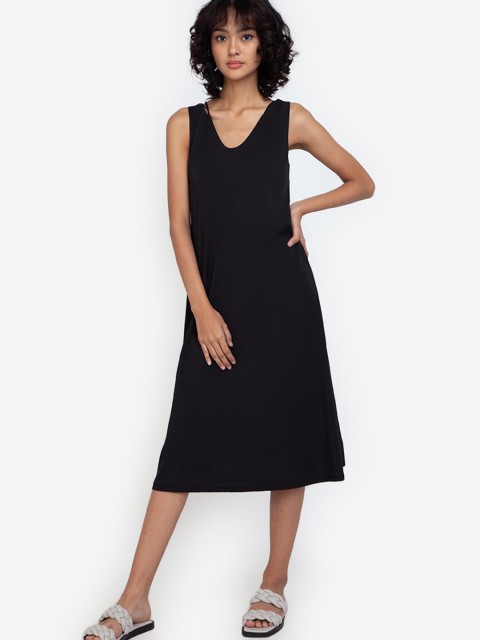 

ZALORA BASICS Black Solid Ribbon Tie Back A-Line Midi Dress