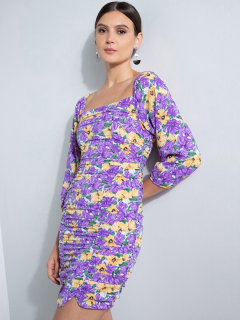 

ZALORA OCCASION Women Purple Floral Printed Ruched Mini Sheath Dress