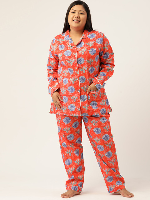 

Bene Kleed Plus Women Coral Red & Blue Printed Pure Cotton Pyjamas Set