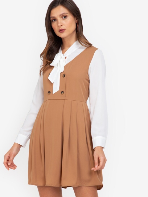 

ZALORA WORK Brown & White Colourblocked Tie-Up Neck Pinafore Dress