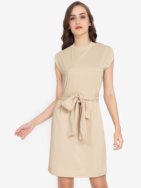 

ZALORA WORK Women Beige Solid Tie Waist Mini Dress