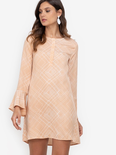 

ZALORA WORK Peach-Coloured & White Geometric Printed A-Line Mini Dress