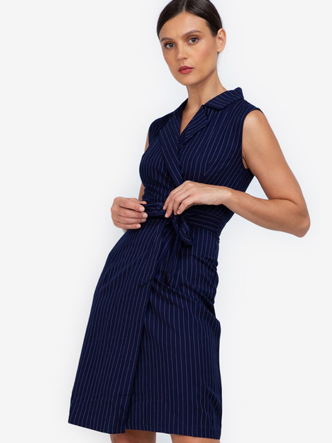 

ZALORA WORK Navy Blue Striped A-Line Dress