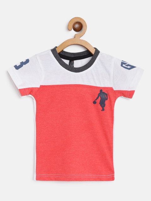 

GAME BEGINS Boys Coral Red & White Colourblocked Pure Cotton T-shirt