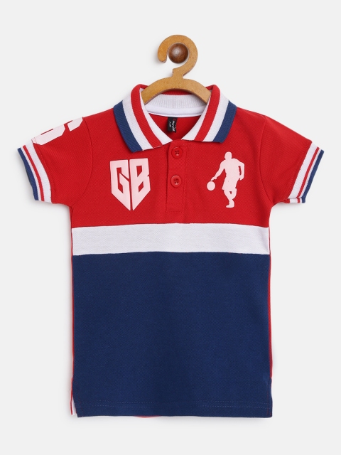 

GAME BEGINS Boys Red & Navy Blue Colourblocked Pure Cotton Polo Collar T-shirt