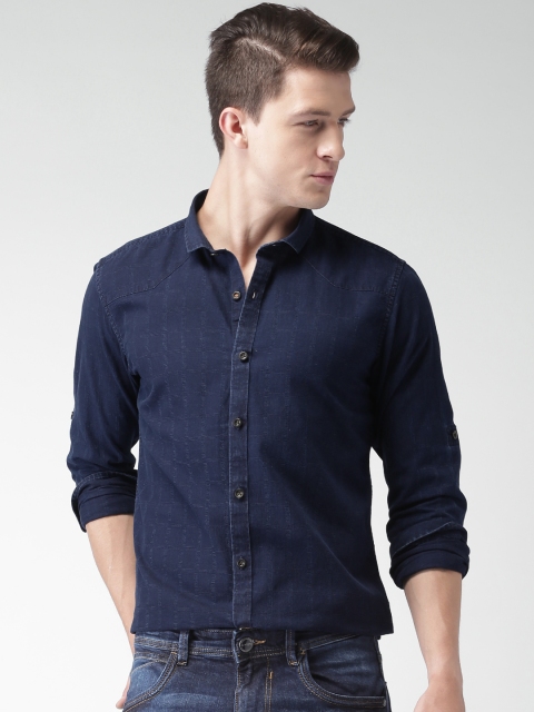 

Mast & Harbour Men Navy Denim Casual Shirt, Navy blue