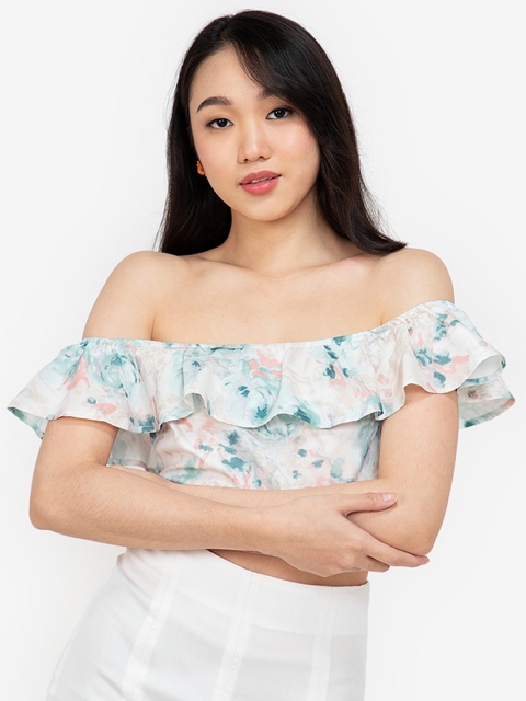 

ZALORA BASICS Women White Floral Off Shoulder Crop Top