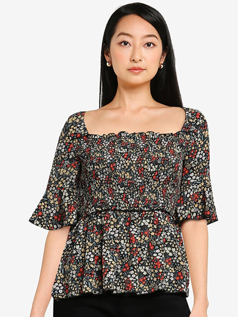 

ZALORA BASICS Black & Red Floral Print Ruffles Smocked Peplum Top