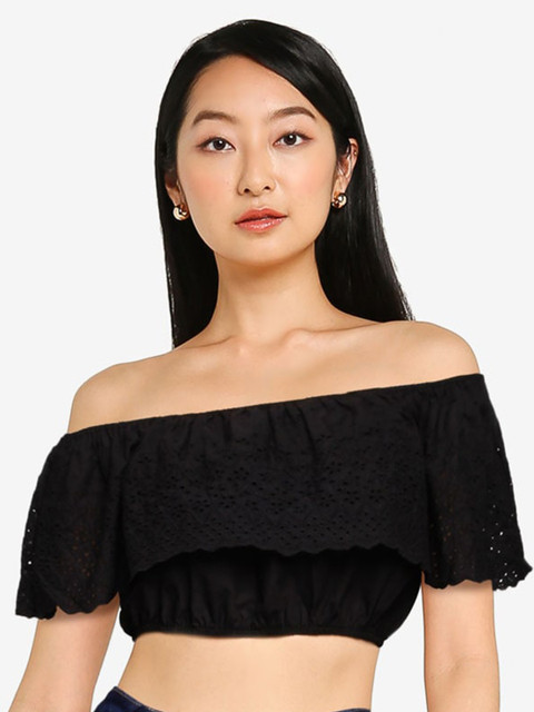 

ZALORA BASICS Black Schiflli Embroidered Pure Cotton Bardot Crop Top
