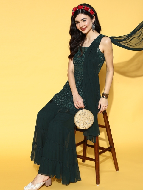

ZOLA Ethnic Motifs Poly Georgette Short Kurti with Sharara, Green