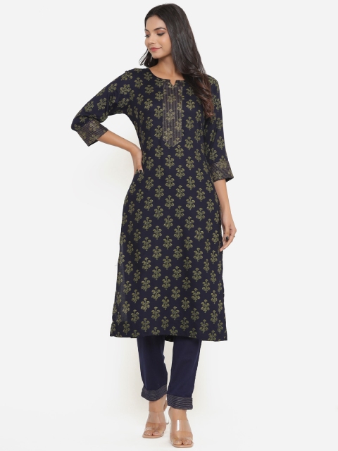 

Do Dhaage Women Navy Blue Ethnic Motifs Printed Kurta with Trousers