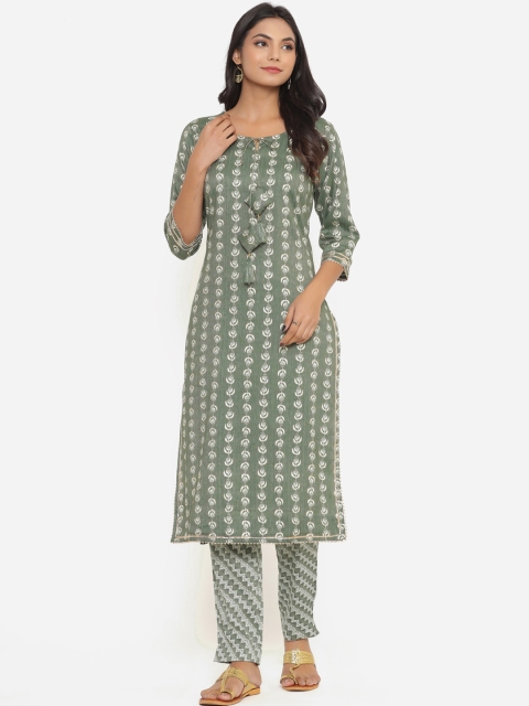 

Do Dhaage Women Green Ethnic Motifs Printed Kurta with Trousers