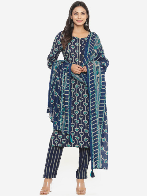 

Do Dhaage Women Navy Blue Ethnic Motifs Printed Layered Kurta with Trousers & Dupatta